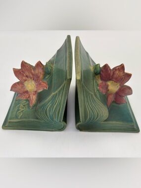Vintage 1940s Roseville Pottery Clematis Green Bookends